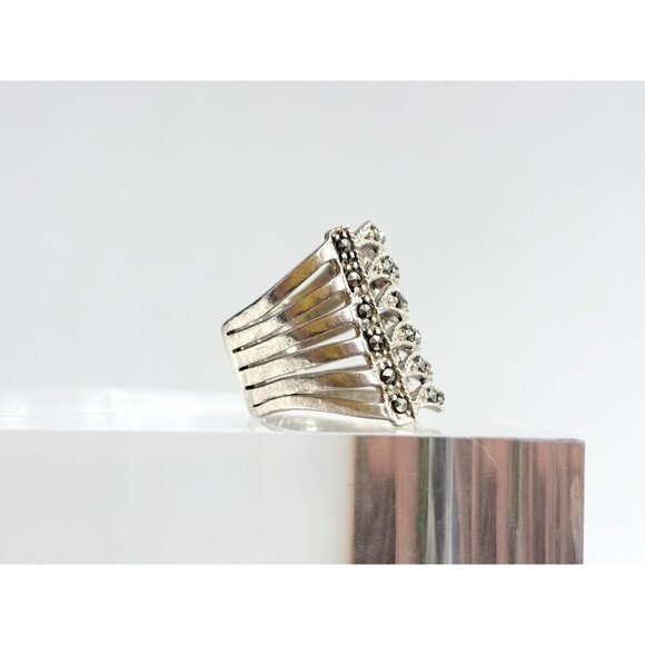 Art Deco Marcasite Gemstone Wavy Chunky Banded Gemstone Vintage Ring - sz 5.5 - Picture 3 of 10